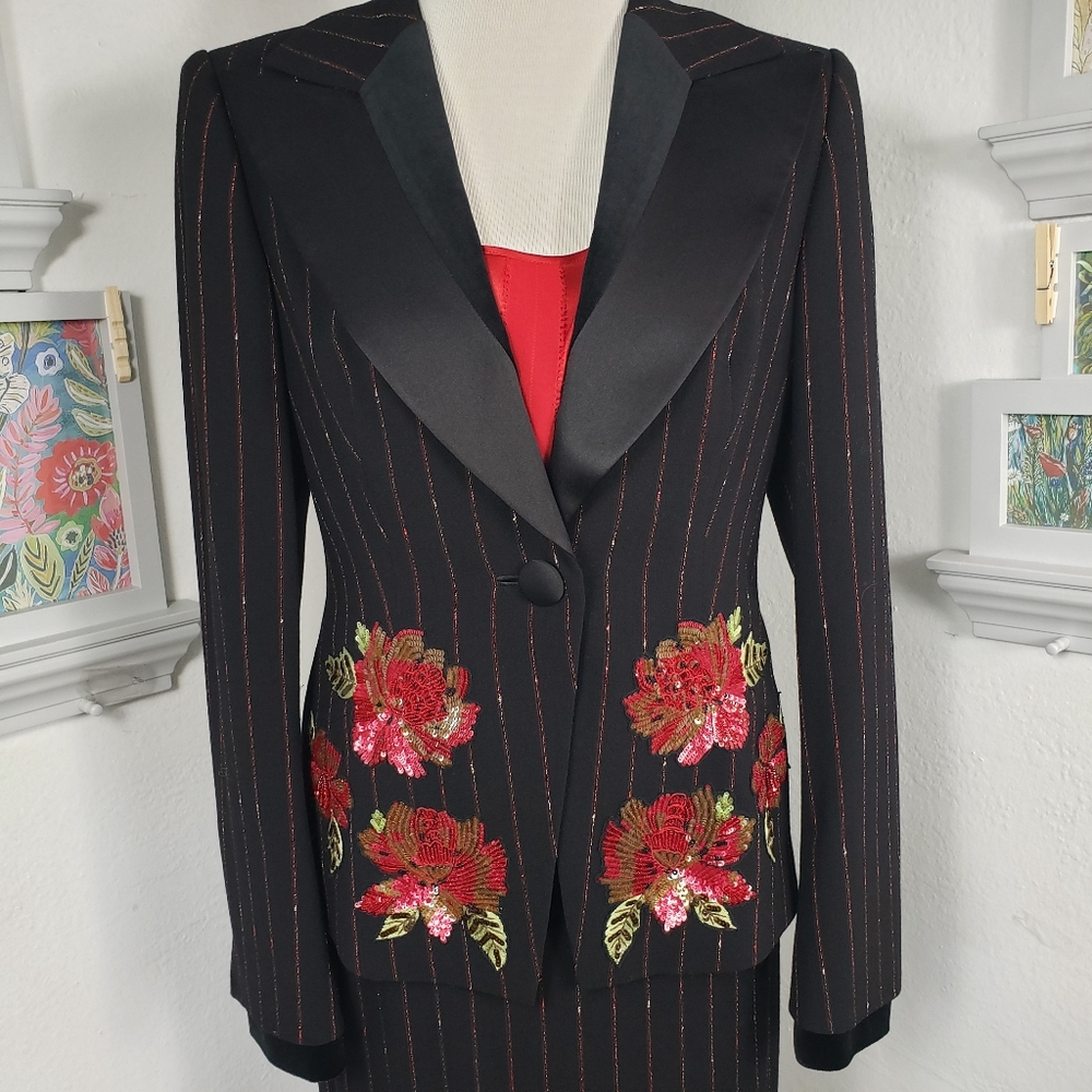 Escada 4p Black & Red Pinstripe w/Sequin Flowers - Feminine Nostalgic Vintage